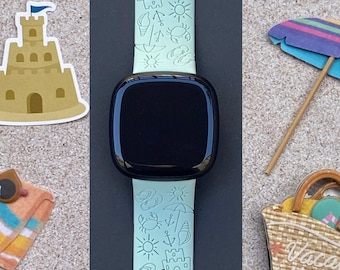Beach Fitbit Versa 3,4/Fitbit Versa Sense S/L Silicone Engraved Floral Flower Summer Cute Watchband Replacement