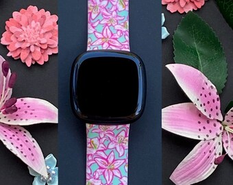 Floral Fitbit Versa 3,4/Fitbit Versa Sense S/L Silicone Cute Floral Flower Pink Watchband Replacement