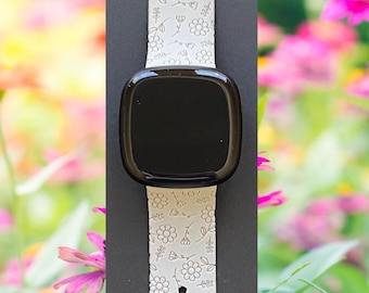 Spring Blooms Fitbit Versa 3,4/Fitbit Versa Sense S/L Silicone Engraved Floral Flower Cute Watchband Replacement