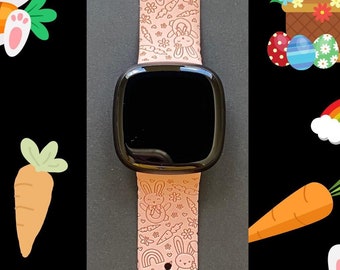Happy Easter Fitbit Versa 3,4/Fitbit Versa Sense S/L Silicone Engraved Cute Bunny Watchband Replacement