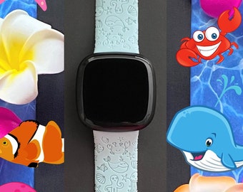 Ocean Life Fitbit Versa 3,4/Fitbit Versa Sense S/L Silicone Engraved Cute Summer Beach Watchband Replacement