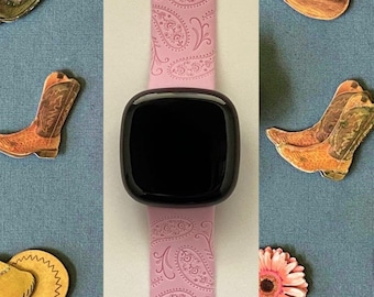 Paisley Fitbit Versa 3,4/Fitbit Versa Sense S/L Silicone Engraved Cute Fall Autumn Western Watchband Replacement