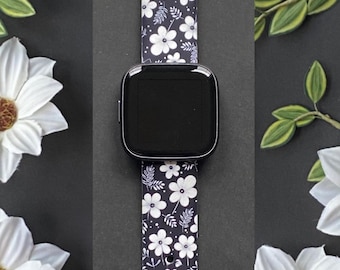 Black Floral Fitbit Versa 3/Fitbit Versa 4/Versa Sense Silicone Floral Cute Flowers Watchband Replacement