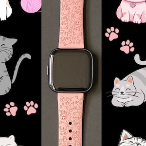 Może przedstawiać: R&oacute;żowy silikonowy pasek do Apple Watch z wzorem białych kot&oacute;w. Pasek jest pokazany na czarnym tle z obrazami kot&oacute;w i akcesori&oacute;w z motywem kot&oacute;w.