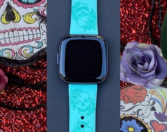 Skull and Roses Halloween Fitbit Versa 1/Versa 2/Versa Lite S/L Silicone Engraved Fall Skull Watchband Replacement