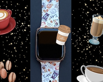 Coffee Watch Band 38mm 40mm 41mm 42mm 44mm 45mm S/M M/L Series 1,2,3,4,5,6,7,8,9 Silicone Engraved Latte Watchband Replacement