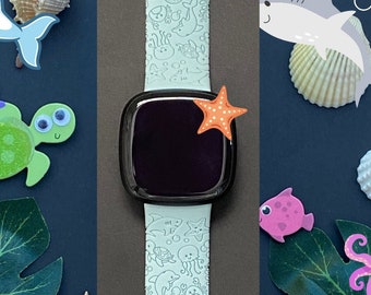 Ocean Friends Fitbit Versa 3,4/Fitbit Versa Sense S/L Silicone Engraved Cute Summer Beach Watchband Replacement