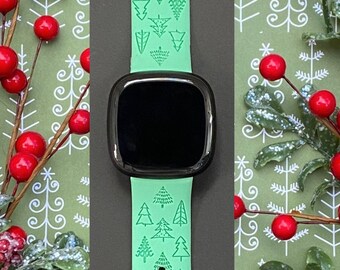 Christmas Trees Fitbit Versa 3, Fitbit Versa 4/Fitbit Versa Sense S/L Silicone Engraved Cute Winter Watchband Replacement