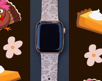 Correa de reloj de silicona grabada con diseño floral de pavo de Acción de Gracias (38 mm, 40 mm, 41 mm, 42 mm, 44 mm, 45 mm, tallas S/M/M/L, serie 1, 2, 3, 4, 5, 6, 7, 8 y 9)