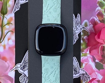 Hummingbird Fitbit Versa 3,4/Fitbit Versa Sense S/L Silicone Engraved Cute Floral Bird Watchband Replacement