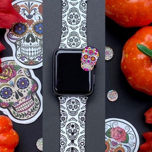 Sugar Skulls Watch Band 38mm 40mm 41mm 42mm 44mm 45mm S/M M/L Series 1,2,3,4,5,6,7,8,9 Silicone Halloween Watchband Replacement
