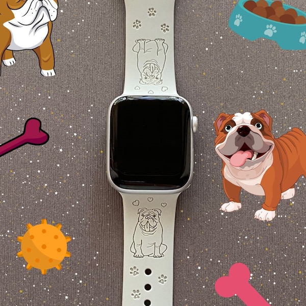 English Bulldog Watch Band Silicone Engraved Band 38mm 40mm 41mm 42mm 44mm 45mm S/M M/L Series 1,2,3,4,5,6,7 Animal Watchband Replacement