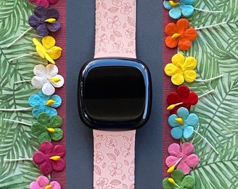 Hibiscus Fitbit Versa 3,4/Fitbit Versa Sense S/L Silicone Engraved Floral Flower Summer Cute Watchband Replacement
