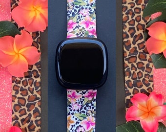 Tropical Leopard Fitbit Versa 3,4/Fitbit Versa Sense S/L Silicone Cute Summer Cheetah Watchband Replacement