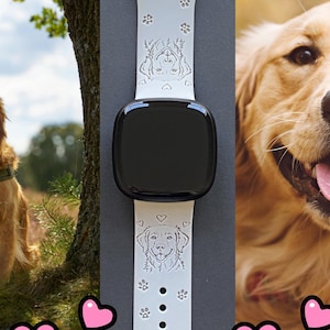 K&ouml;nnte beinhalten: Ein wei&szlig;es Smartwatch-Armband mit einem Hundeportr&auml;t und Pfotenabdr&uuml;cken. Das Armband wird mit Bildern eines Golden Retriever-Hundes sowie Herz- und Pfotenabdruckgrafiken gezeigt. Ein Accessoire zum Thema Haustiere.