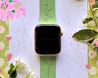 Lily Flower Watch Band 38mm 40mm 41mm 42mm 44mm 45mm S/M M/L Series 1,2,3,4,5,6,7,8,9 Silicone Engraved Spring Summer Watchband Replacement