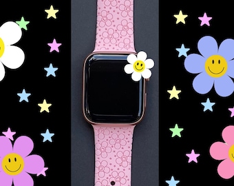 Smiley Flower Watch Band 38mm 40mm 41mm 42mm 44mm 45mm S/M M/L Series 1,2,3,4,5,6,7,8,9 Silicone Engraved Retro Watchband Replacement