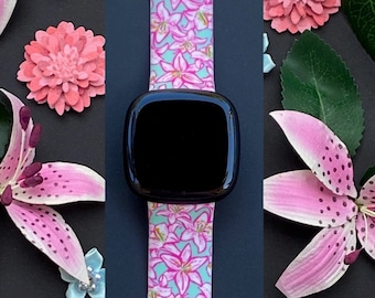 Floral Fitbit Versa 1/Versa 2/Versa Lite S/L Silicone Engraved Cute Pink Floral Flower Watchband Replacement