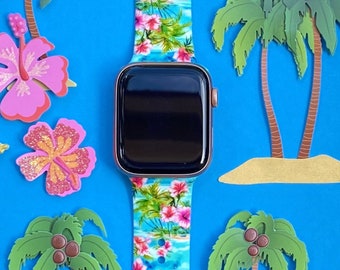 Correa de reloj Tropical Paradise de 38 mm, 40 mm, 41 mm, 42 mm, 44 mm y 45 mm, tallas S/M y M/L, series 1, 2, 3, 4, 5, 6, 7, 8 y 9. Correa de repuesto de silicona para verano y playa.