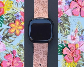 Hibiscus Fitbit Versa 3,4/Fitbit Versa Sense S/L Silicone Engraved Floral Flower Summer Cute Watchband Replacement