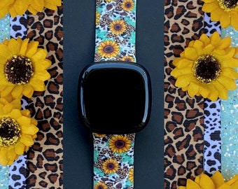 Western Sunflower Fitbit Versa 3,4/Fitbit Versa Sense S/L Silicone Cute Cow Leopard Print Western Watchband Replacement