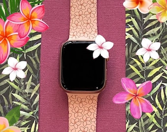 Plumeria Flower Watch Band 38mm 40mm 41mm 42mm 44mm 45mm S/M M/L Series 1,2,3,4,5,6,7,8,9 Silicone Engraved Summer Watchband Replacement