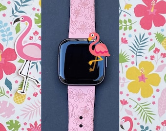 Hibiscus Flamingo Fitbit Versa 1/Versa 2/Versa Lite S/L Silicone Engraved Summer Beach Cute Flower Watchband Replacement