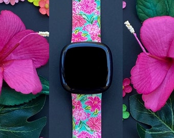 Pink Blooms Fitbit Versa 3,4/Fitbit Versa Sense S/L Silicone Cute Floral Flower Pink Watchband Replacement