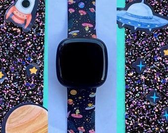 Cosmos Fitbit Versa 1/Versa 2/Versa Lite S/L Silicone Engraved Cute Science Alien Watchband Replacement
