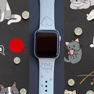 Cat Mom Watch Band Silicone Engraved Band 38mm 40mm 41mm 42mm 44mm 45mm S/M M/L Series 1,2,3,4,5,6,7,8,9 Pet Kitten Watchband Replacement