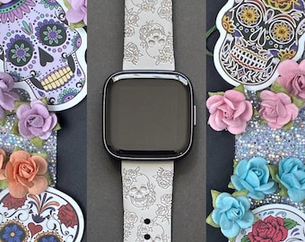 Skull and Roses Halloween Fitbit Versa 1/Versa 2/Versa Lite S/L Silicone Engraved Fall Skull Watchband Replacement