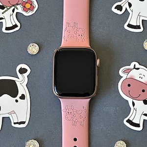 Cute Cow Watch Band 38mm 40mm 41mm 42mm 44mm 45mm S/M M/L Series 1,2,3,4,5,6,7,8,9 Silicone Engraved Animal Farm Diary Watchband Replacement