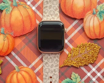 Autumn Pumpkins and Bows Watch Band 38mm 40mm 41mm 42mm 44mm 45mm S/M M/L Series 1,2,3,4,5,6,7,8,9 Silicone Engraved Watchband Replacement