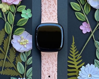 Flower Fitbit Versa 3,4/Fitbit Versa Sense S/L Silicone Engraved Floral Wild Flower Cute Watchband Replacement