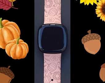 Pumpkin Floral Fitbit Versa 3,4/Fitbit Versa Sense S/L Silicone Engraved Fall Watchband Replacement