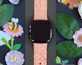 Wildflower and Bees Fitbit Versa 3,4/Fitbit Versa Sense S/L Silicone Engraved Floral Flower Cute Watchband Replacement