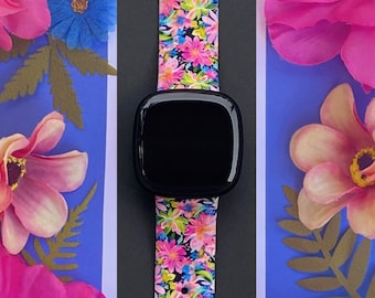 Pink Floral Fitbit Versa 3,4/Fitbit Versa Sense S/L Silicone Cute Floral Flower Watchband Replacement