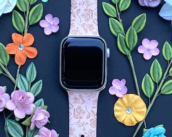 Floral Watch Band 38mm 40mm 41mm 42mm 44mm 45mm S/M M/L Series 1,2,3,4,5,6,7,8,9 Silicone Engraved Wild Flower Watchband Replacement