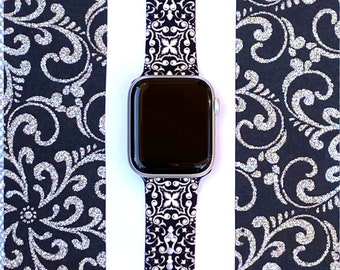 Fancy Black Watch Band 38mm 40mm 41mm 42mm 44mm 45mm S/M M/L Series 1,2,3,4,5,6,7,8,9 Silicone Dressy Watchband Replacement
