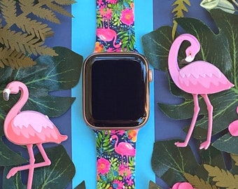 Flamingo Watch Band 38mm 40mm 41mm 42mm 44mm 45mm S/M M/L Series 1,2,3,4,5,6,7,8,9 Silicone Summer Beach Animal Watchband Replacement