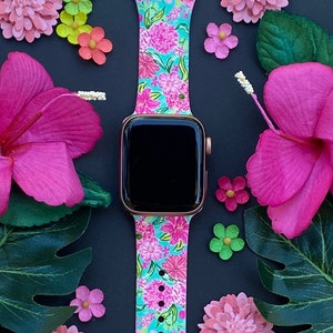Pink Blooms Watch Band 38mm 40mm 41mm 42mm 44mm 45mm S/M M/L Series 1,2,3,4,5,6,7,8 Silicone Floral Tropical Cute Watchband Replacement