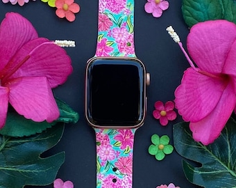 Pink Blooms Watch Band 38mm 40mm 41mm 42mm 44mm 45mm S/M M/L Series 1,2,3,4,5,6,7,8 Silicone Floral Tropical Cute Watchband Replacement