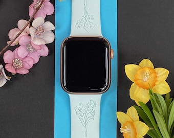 March Birth Flower Watch Band 38mm 40mm 41mm 42mm 44mm 45mm S/M M/L Series 1,2,3,4,5,6,7,8,9 Silicone Engraved Watchband Replacement