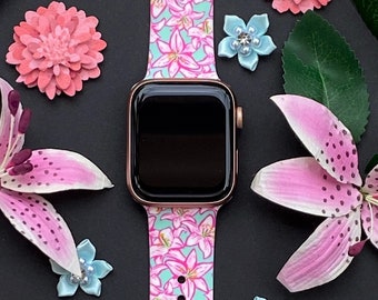 Floral Watch Band 38mm 40mm 41mm 42mm 44mm 45mm S/M M/L Series 1,2,3,4,5,6,7,8,9 Silicone Flowers Cute Watchband Replacement
