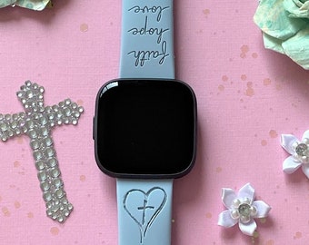 Cross Fitbit Versa 1/Versa 2/Versa Lite S/L Silicone Engraved Religious Christian Bible Faith Hope Love Watchband Replacement