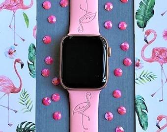 Pink Flamingo Watch Band 38mm 40mm 41mm 42mm 44mm 45mm S/M M/L Series 1,2,3,4,5,6,7,8,9 Silicone Engraved Summer Watchband Replacement