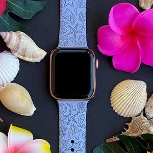 Seashells Flowers Watch Band 38mm 40mm 41mm 42mm 44mm 45mm S/M M/L Series 1,2,3,4,5,6,7,8,9 Silicone Engraved Summer Watchband Replacement