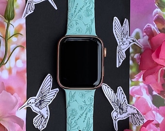 Hummingbird Watch Band 38mm 40mm 41mm 42mm 44mm 45mm S/M M/L Series 1,2,3,4,5,6,7,8,9 Silicone Engraved Spring Floral Watchband Replacement