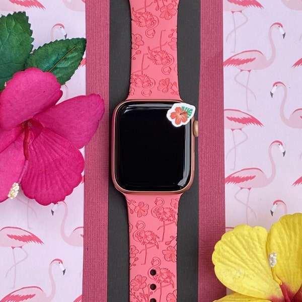 Tropical Flamingo Watch Band 38mm 40mm 41mm 42mm 44mm 45mm S/M M/L Series 1,2,3,4,5,6,7,8 Silicone Engraved Summer Watchband Replacement