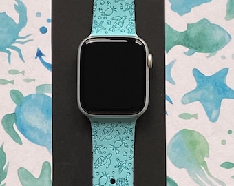 Sea Life Watch Band 38mm 40mm 41mm 42mm 44mm 45mm S/M M/L Series 1,2,3,4,5,6,7,8,9 Silicone Engraved Ocean Turtle Watchband Replacement